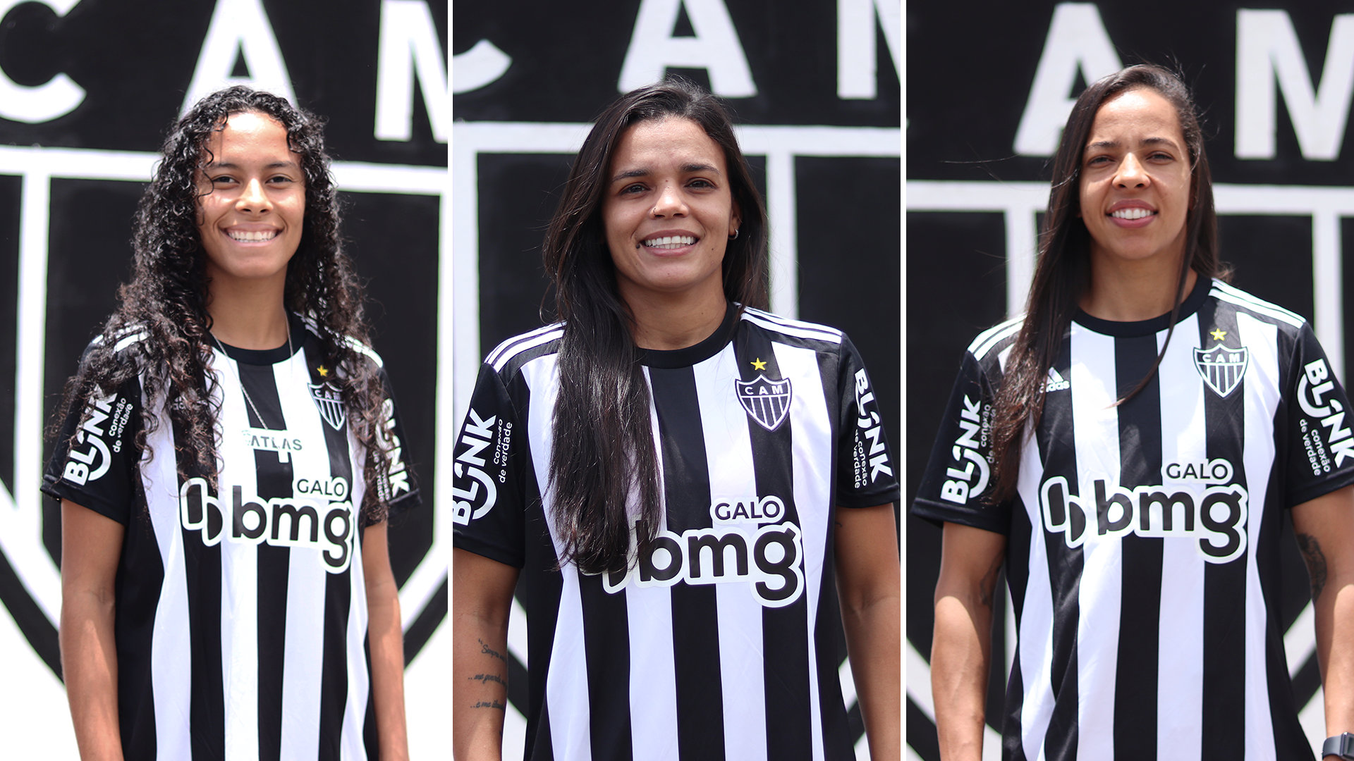 Emily (E), Gabi Arcanjo (C) e Ludmila (D) chegam para reforçar o Galo Futebol Feminino.